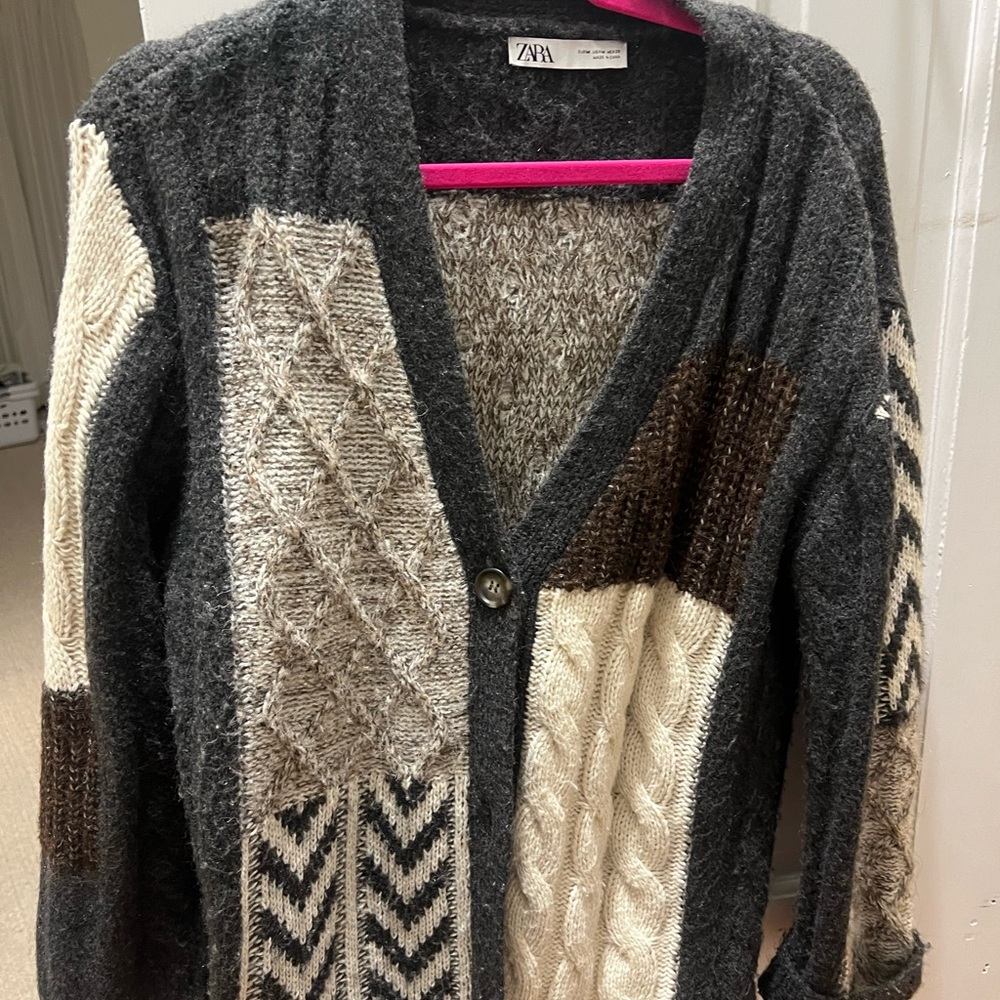 Zara Women's Gray and Cream Patchwork Cardigan